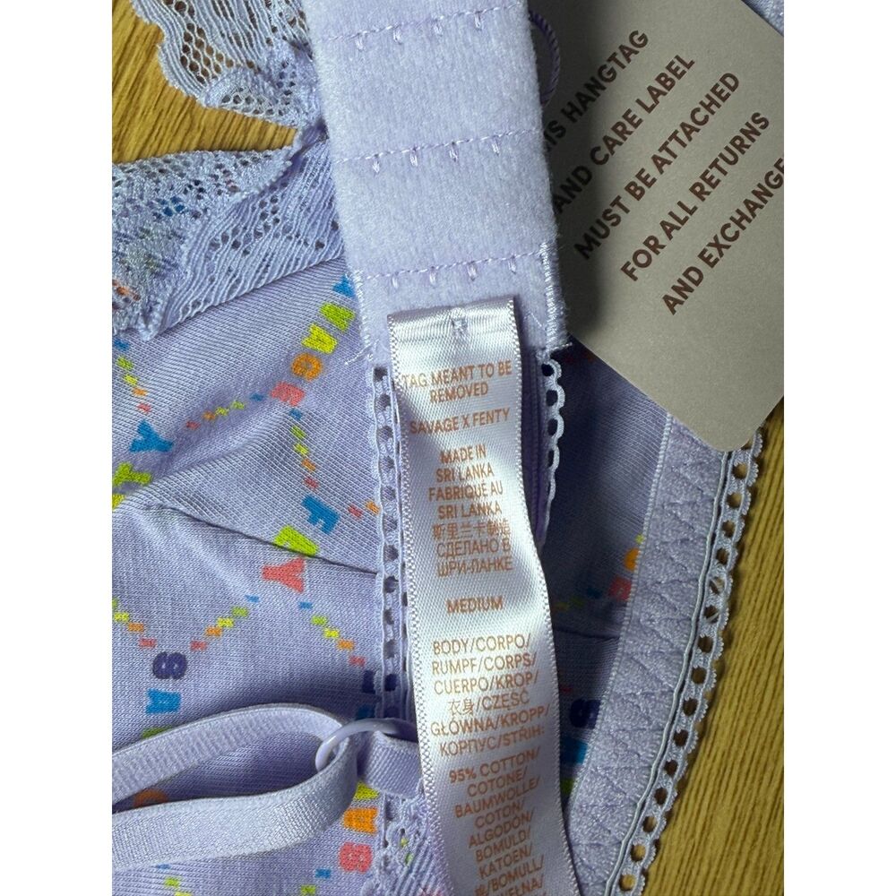 NWT Savage Fenty Rainbow Logo Print Bralette Lavender Soft Lace Spaghetti Medium - Picture 5 of 6
